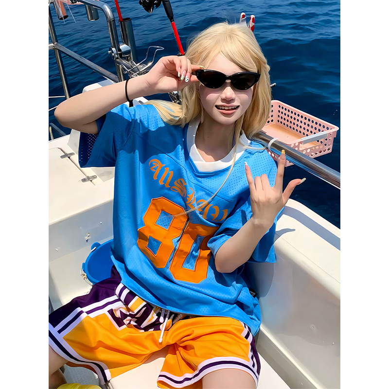 Blue American Retro Mesh Jersey T-Shirt for Women, Summer Short Sleeve Loose Fit V-Neck Top, Outdoor Sports Style