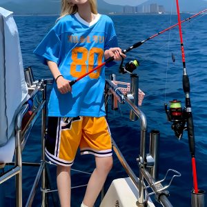 Blue American Retro Mesh Jersey T-Shirt for Women, Summer Short Sleeve Loose Fit V-Neck Top, Outdoor Sports Style