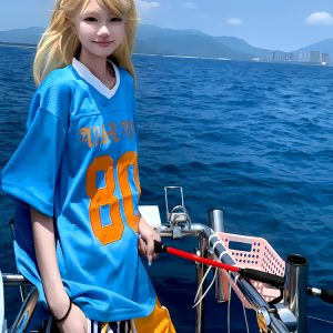 Blue American Retro Mesh Jersey T-Shirt for Women, Summer Short Sleeve Loose Fit V-Neck Top, Outdoor Sports Style