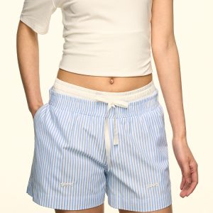 Blue and White Color-Block Striped Casual Shorts for Women - 2025 Summer Loose Wide-Leg Design, Trendy Niche Style
