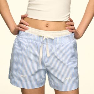 Blue and White Color-Block Striped Casual Shorts for Women - 2025 Summer Loose Wide-Leg Design, Trendy Niche Style