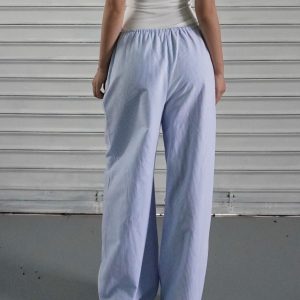 Blue and White Striped Wide-Leg Casual Drawstring Long Pants for Effortless Y2K Style