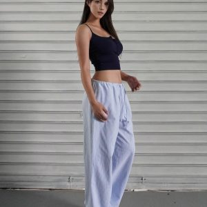Blue and White Striped Wide-Leg Casual Drawstring Long Pants for Effortless Y2K Style