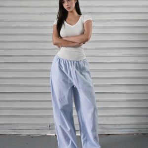 Blue and White Striped Wide-Leg Casual Drawstring Long Pants for Effortless Y2K Style
