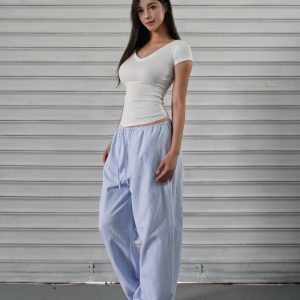 Blue and White Striped Wide-Leg Casual Drawstring Long Pants for Effortless Y2K Style
