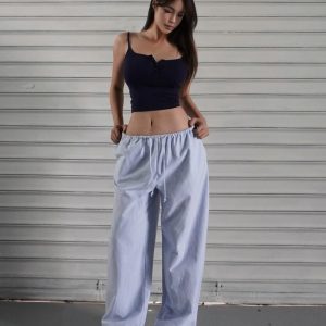Blue and White Striped Wide-Leg Casual Drawstring Long Pants for Effortless Y2K Style