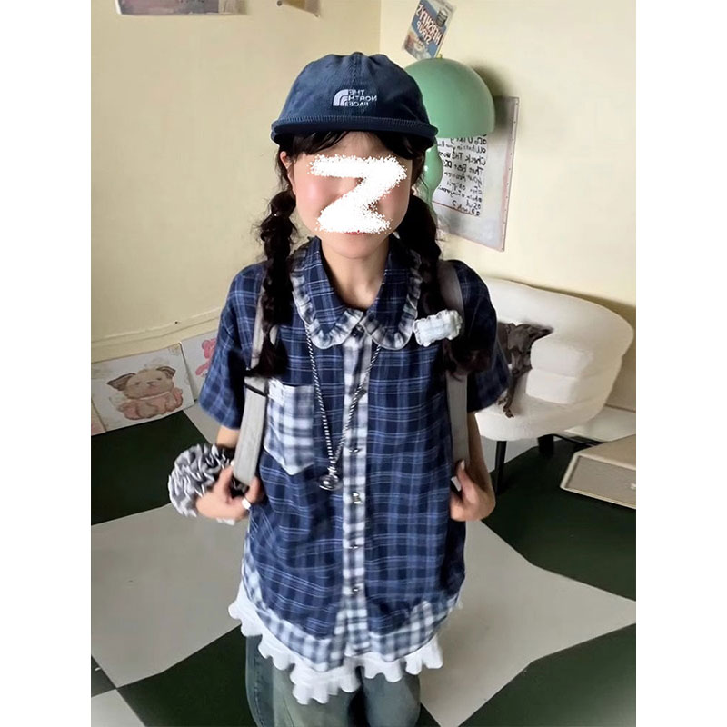 Blue Checkered Short Sleeve Shirt for Women - Summer Color-Blocking Loose Casual Top, Trendy Korean Style