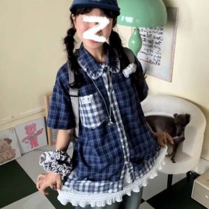 Blue Checkered Short Sleeve Shirt for Women - Summer Color-Blocking Loose Casual Top, Trendy Korean Style