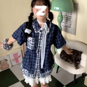 Blue Checkered Short Sleeve Shirt for Women - Summer Color-Blocking Loose Casual Top, Trendy Korean Style