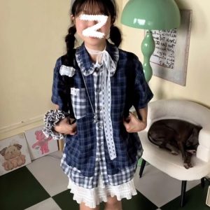 Blue Checkered Short Sleeve Shirt for Women - Summer Color-Blocking Loose Casual Top, Trendy Korean Style