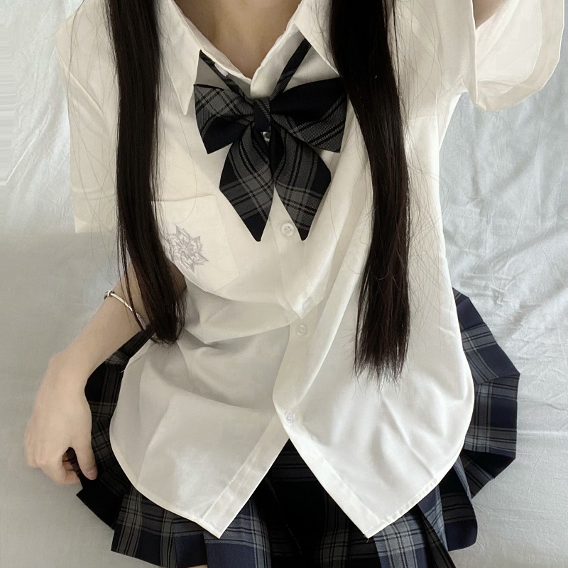 Blue Embroidered JK Uniform Short Sleeve Shirt for Women - Loose College Style Summer Top with Camellia Design Blue Embroidered JK Uniform Short Sleeve Shirt for Women - Loose College Style Summer Top with Camellia Design