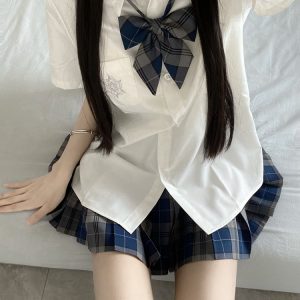 Blue Embroidered JK Uniform Short Sleeve Shirt for Women - Loose College Style Summer Top with Camellia Design