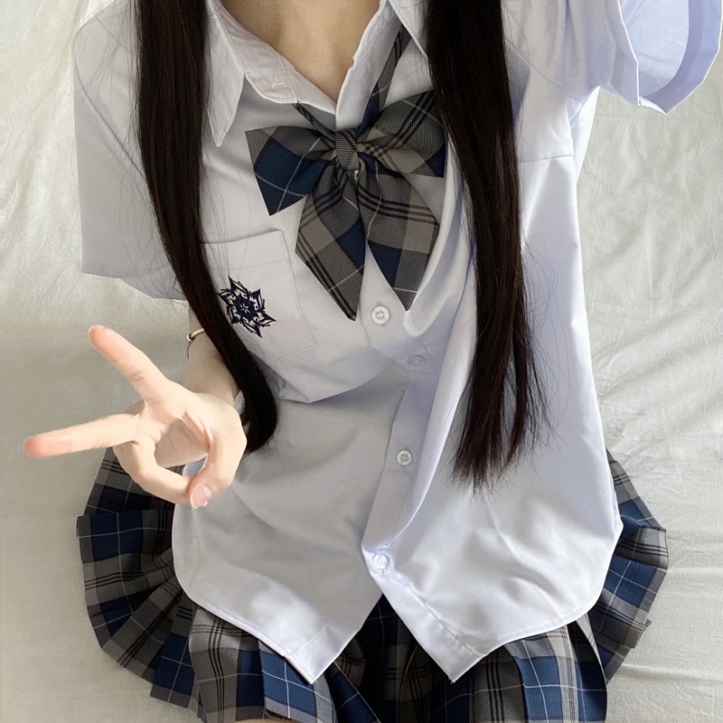 Blue Embroidered JK Uniform Short Sleeve Shirt for Women - Loose College Style Summer Top with Camellia Design