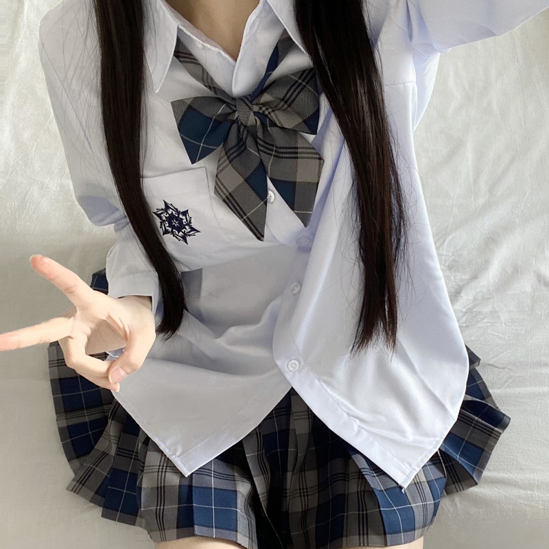 Blue Embroidered JK Uniform Short Sleeve Shirt for Women - Loose College Style Summer Top with Camellia Design Blue Embroidered JK Uniform Short Sleeve Shirt for Women - Loose College Style Summer Top with Camellia Design