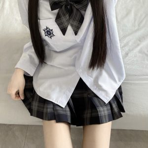 Blue Embroidered JK Uniform Short Sleeve Shirt for Women - Loose College Style Summer Top with Camellia Design