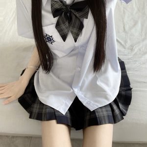 Blue Embroidered JK Uniform Short Sleeve Shirt for Women - Loose College Style Summer Top with Camellia Design