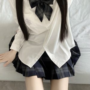 Blue Embroidered JK Uniform Short Sleeve Shirt for Women - Loose College Style Summer Top with Camellia Design