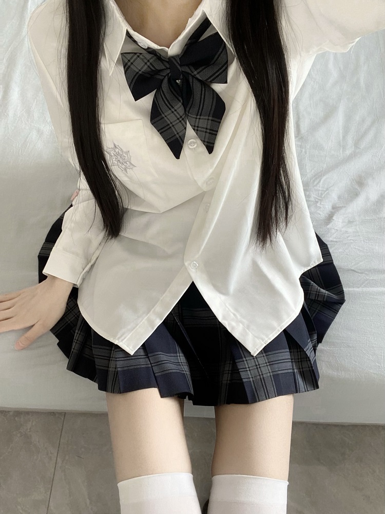 Blue Embroidered JK Uniform Short Sleeve Shirt for Women - Loose College Style Summer Top with Camellia Design Blue Embroidered JK Uniform Short Sleeve Shirt for Women - Loose College Style Summer Top with Camellia Design