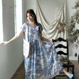 Blue Fan Star Garden French Retro Tencel Short Sleeve Dress for Women, Summer Loose Fit with Flying Sleeves, Vintage 90s Style