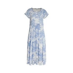 Blue Fan Star Garden French Retro Tencel Short Sleeve Dress for Women, Summer Loose Fit with Flying Sleeves, Vintage 90s Style