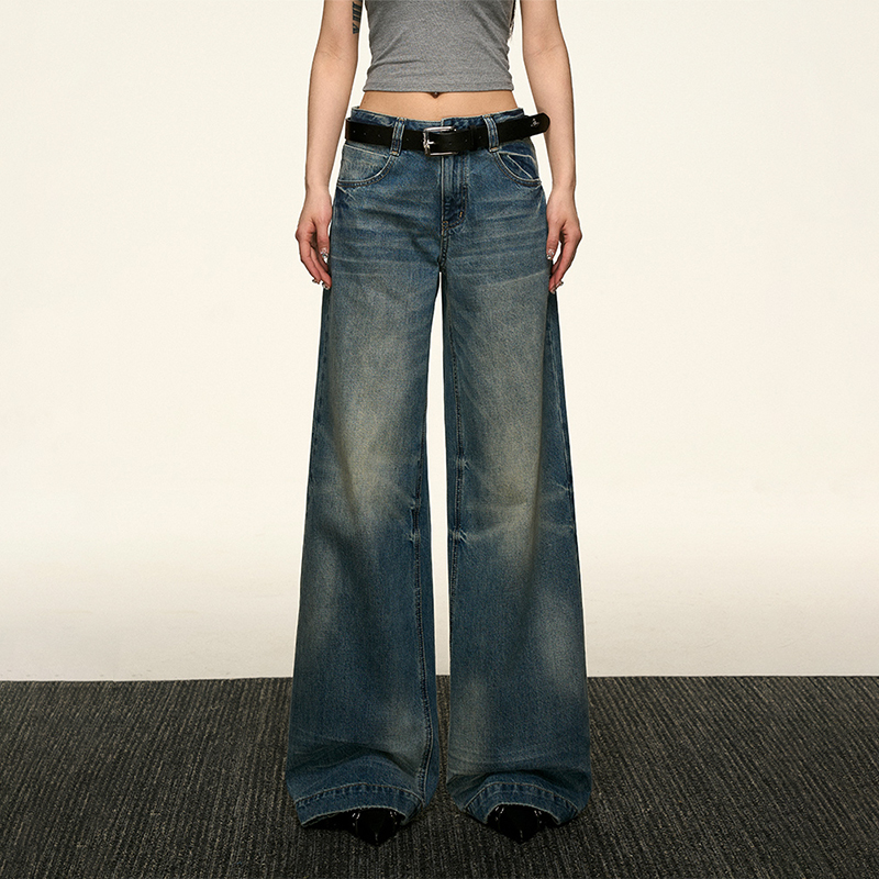 Blue Flared Denim Pants for Women - Summer High Street Straight-Leg Design, Loose Slimming Wide-Leg Style, Y2K Fashion Trend