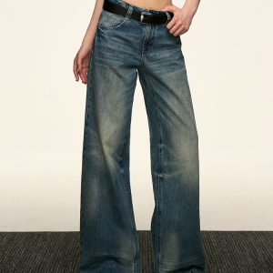 Blue Flared Denim Pants for Women - Summer High Street Straight-Leg Design, Loose Slimming Wide-Leg Style, Y2K Fashion Trend