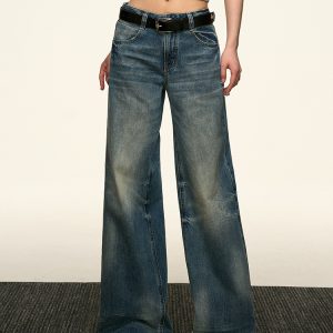Blue Flared Denim Pants for Women - Summer High Street Straight-Leg Design, Loose Slimming Wide-Leg Style, Y2K Fashion Trend