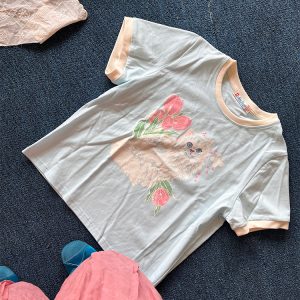 Blue Floral Printed Short Sleeve T-Shirt for Women - Vintage Loose Fit Retro Round Neck Top for Summer Fashion