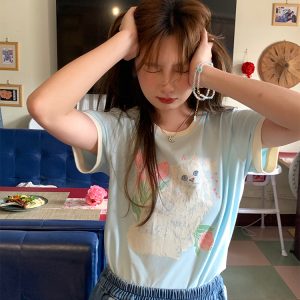 Blue Floral Printed Short Sleeve T-Shirt for Women - Vintage Loose Fit Retro Round Neck Top for Summer Fashion