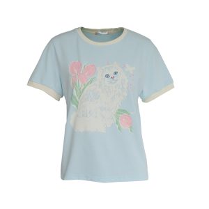 Blue Floral Printed Short Sleeve T-Shirt for Women - Vintage Loose Fit Retro Round Neck Top for Summer Fashion