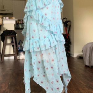 Blue Floral Ruffled Hem Midi Skirt for Women - Irregular Straight Draped Tulle in 90s Y2K Style