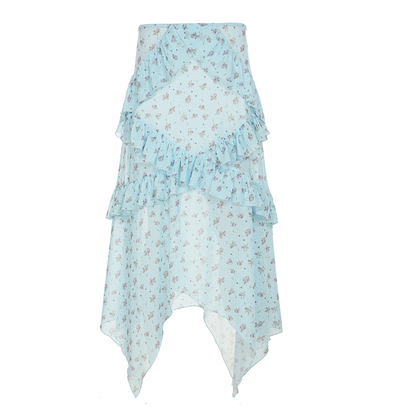 Blue Floral Ruffled Hem Midi Skirt for Women - Irregular Straight Draped Tulle in 90s Y2K Style