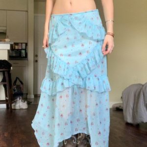 Blue Floral Ruffled Hem Midi Skirt for Women - Irregular Straight Draped Tulle in 90s Y2K Style