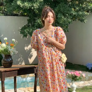 Blue Floral Square Neck Short Sleeve Dress for Women - Vintage Loose Puff Sleeve Long Dress - Late Spring 90s Inspired Summer Style