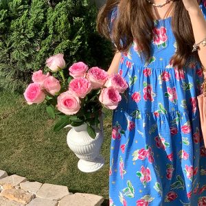 Blue Floral Square Neck Short Sleeve Dress for Women - Vintage Loose Puff Sleeve Long Dress - Late Spring 90s Inspired Summer Style