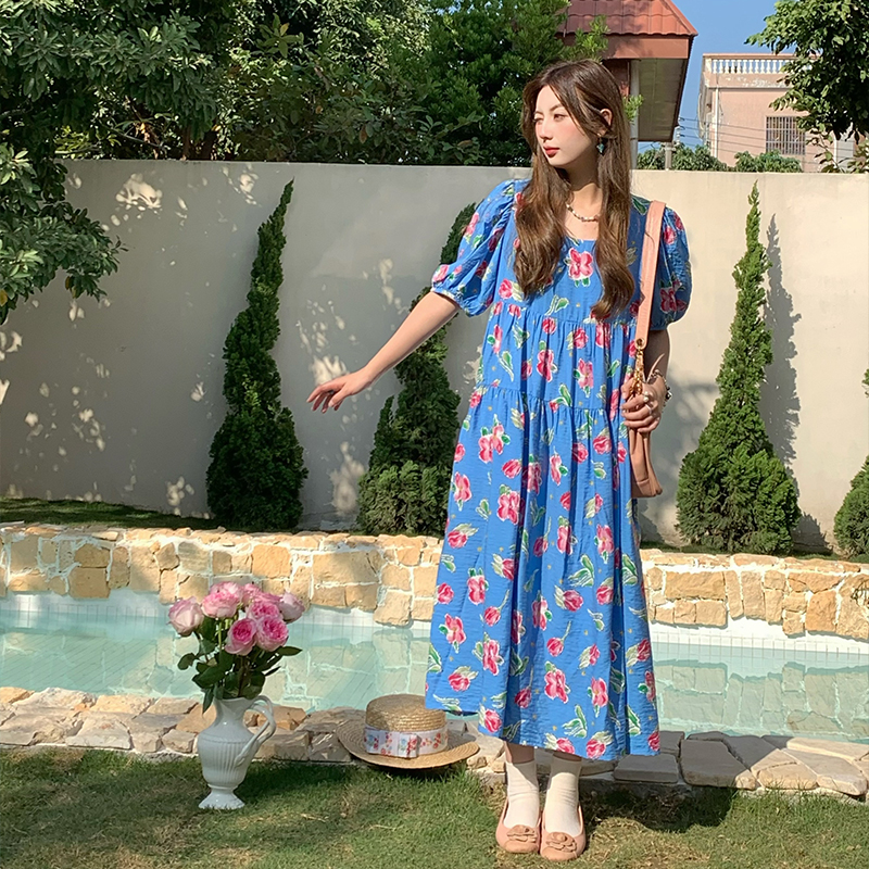 Blue Floral Square Neck Short Sleeve Dress for Women - Vintage Loose Puff Sleeve Long Dress - Late Spring 90s Inspired Summer Style