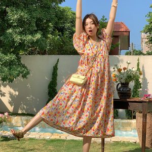 Blue Floral Square Neck Short Sleeve Dress for Women - Vintage Loose Puff Sleeve Long Dress - Late Spring 90s Inspired Summer Style