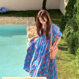 Blue Floral Square Neck Short Sleeve Dress for Women - Vintage Loose Puff Sleeve Long Dress - Late Spring 90s Inspired Summer Style