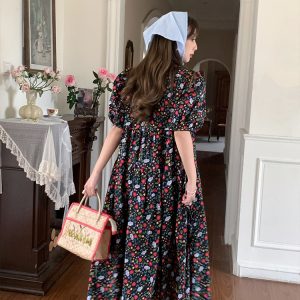 Blue Floral Square Neck Short Sleeve Dress for Women - Vintage Loose Puff Sleeve Long Dress - Late Spring 90s Inspired Summer Style