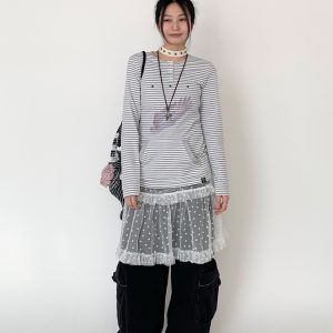 Blue-Grey Striped Long Sleeve T-Shirt with Small Wings Print - Slim Fit Round Neck Women's Tee for Spring 90s Y2K Style
