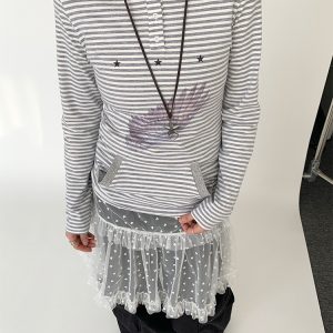 Blue-Grey Striped Long Sleeve T-Shirt with Small Wings Print - Slim Fit Round Neck Women's Tee for Spring 90s Y2K Style