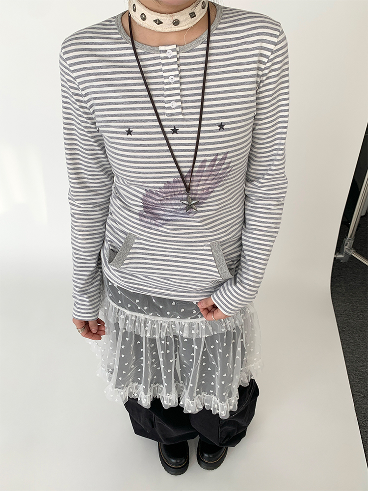 Blue-Grey Striped Long Sleeve T-Shirt with Small Wings Print - Slim Fit Round Neck Women's Tee for Spring 90s Y2K Style Blue-Grey Striped Long Sleeve T-Shirt with Small Wings Print - Slim Fit Round Neck Women's Tee for Spring 90s Y2K Style