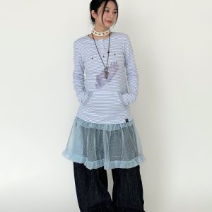 Blue-Grey Striped Long Sleeve T-Shirt with Small Wings Print - Slim Fit Round Neck Women's Tee for Spring 90s Y2K Style
