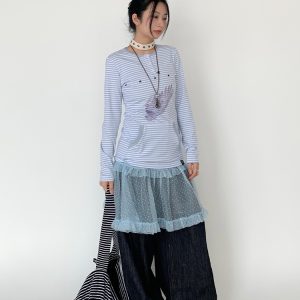 Blue-Grey Striped Long Sleeve T-Shirt with Small Wings Print - Slim Fit Round Neck Women's Tee for Spring 90s Y2K Style