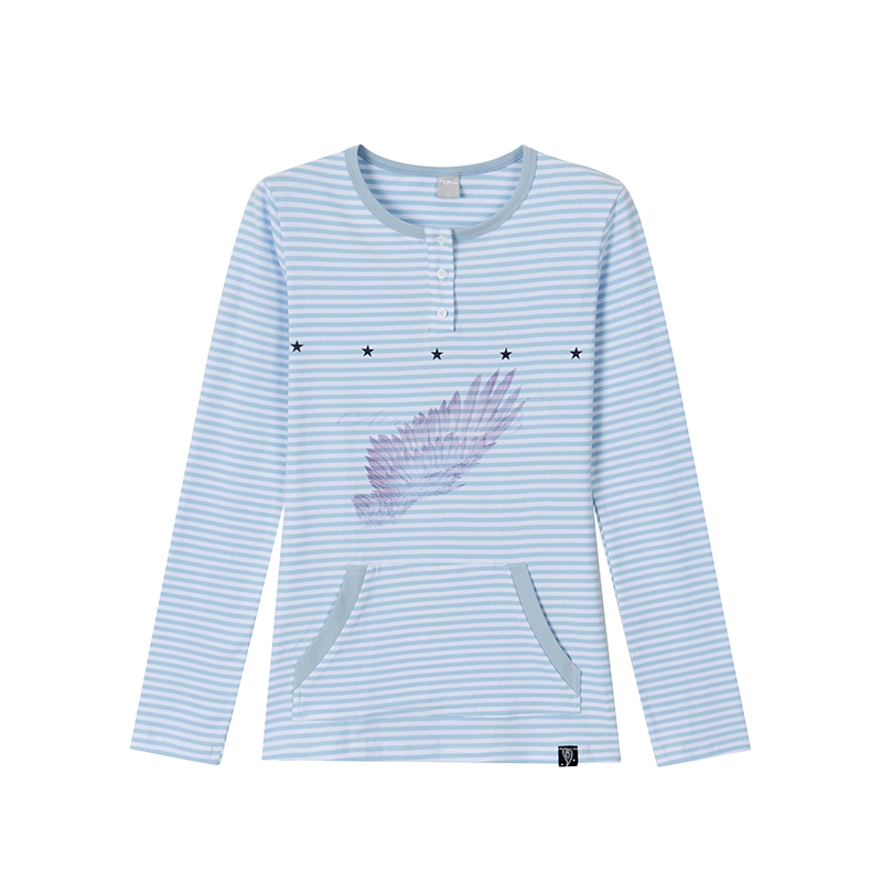 Blue-Grey Striped Long Sleeve T-Shirt with Small Wings Print - Slim Fit Round Neck Women's Tee for Spring 90s Y2K Style