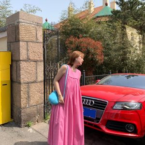 Blue Island Pink Makeup Retro Linen Vest Dress - Women's Summer Micro-Pleated A-Line Midi Dress, Vintage Style Fashion