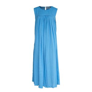 Blue Island Pink Makeup Retro Linen Vest Dress - Women's Summer Micro-Pleated A-Line Midi Dress, Vintage Style Fashion