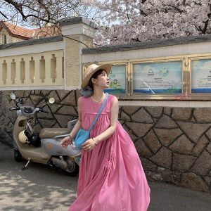 Blue Island Pink Makeup Retro Linen Vest Dress - Women's Summer Micro-Pleated A-Line Midi Dress, Vintage Style Fashion
