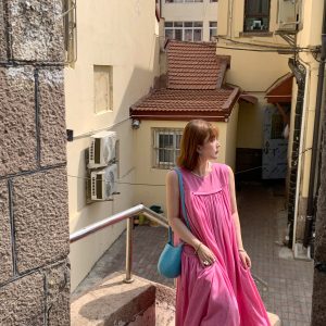 Blue Island Pink Makeup Retro Linen Vest Dress - Women's Summer Micro-Pleated A-Line Midi Dress, Vintage Style Fashion