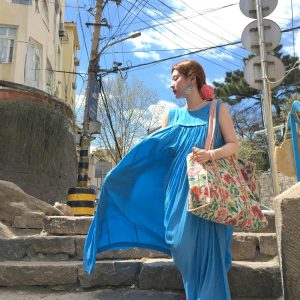 Blue Island Pink Makeup Retro Linen Vest Dress - Women's Summer Micro-Pleated A-Line Midi Dress, Vintage Style Fashion